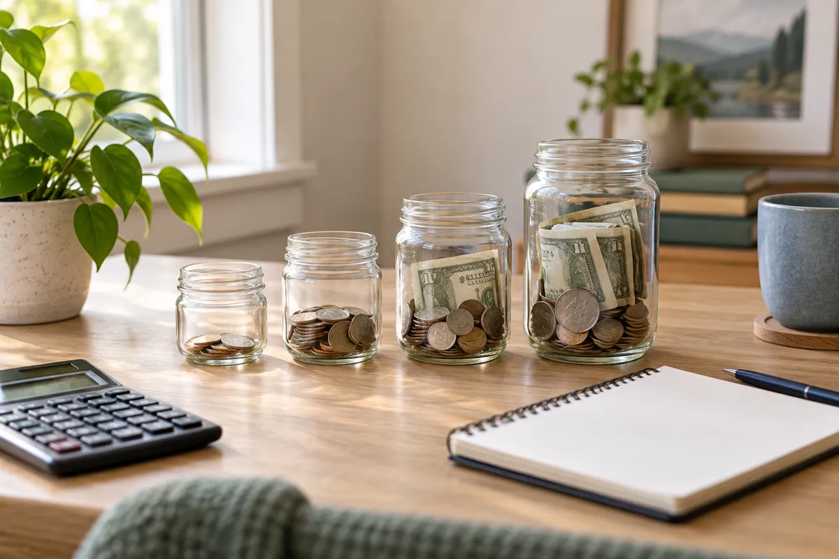 Four savings jars increasing in size across a household budgeting desk
