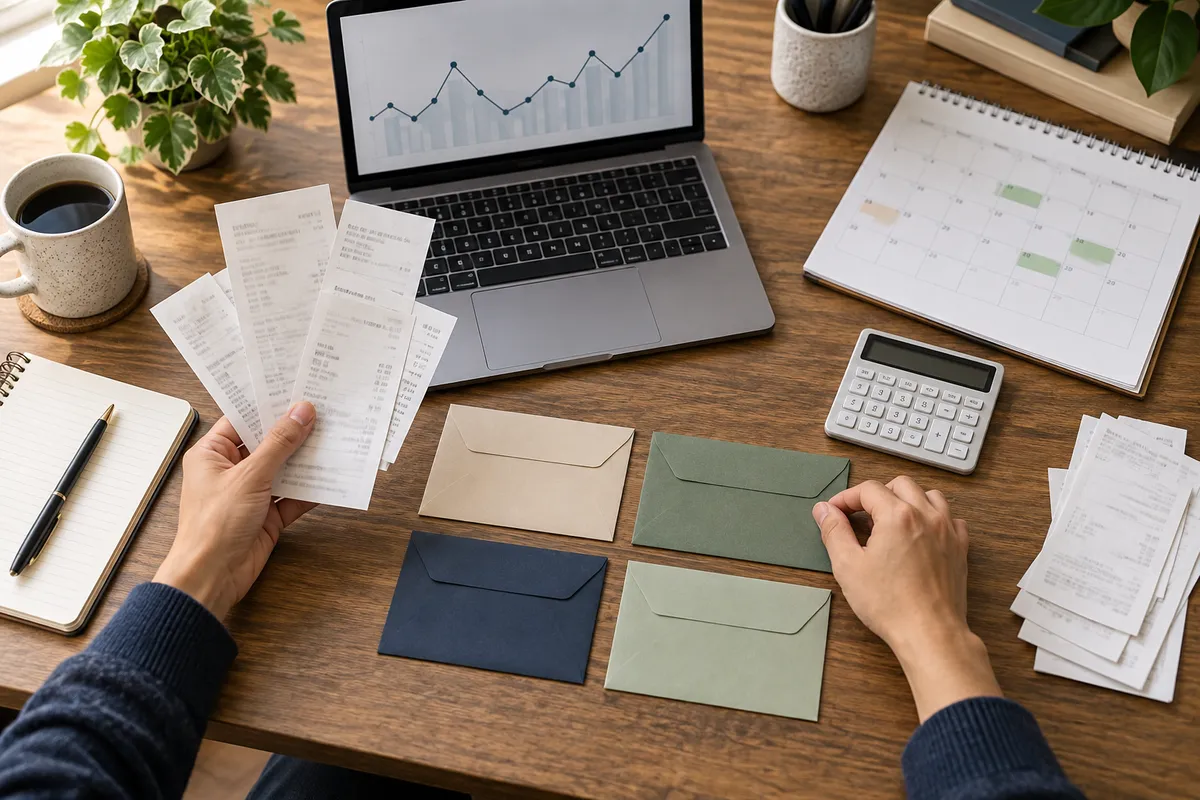 Home-office desk with uneven payment receipts, a cash-flow chart, calendar, calculator, and budgeting envelopes