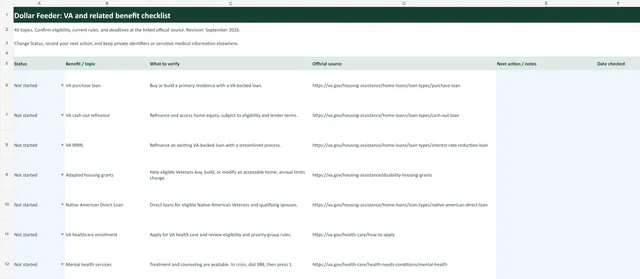 VA Benefits Checklist Spreadsheet preview