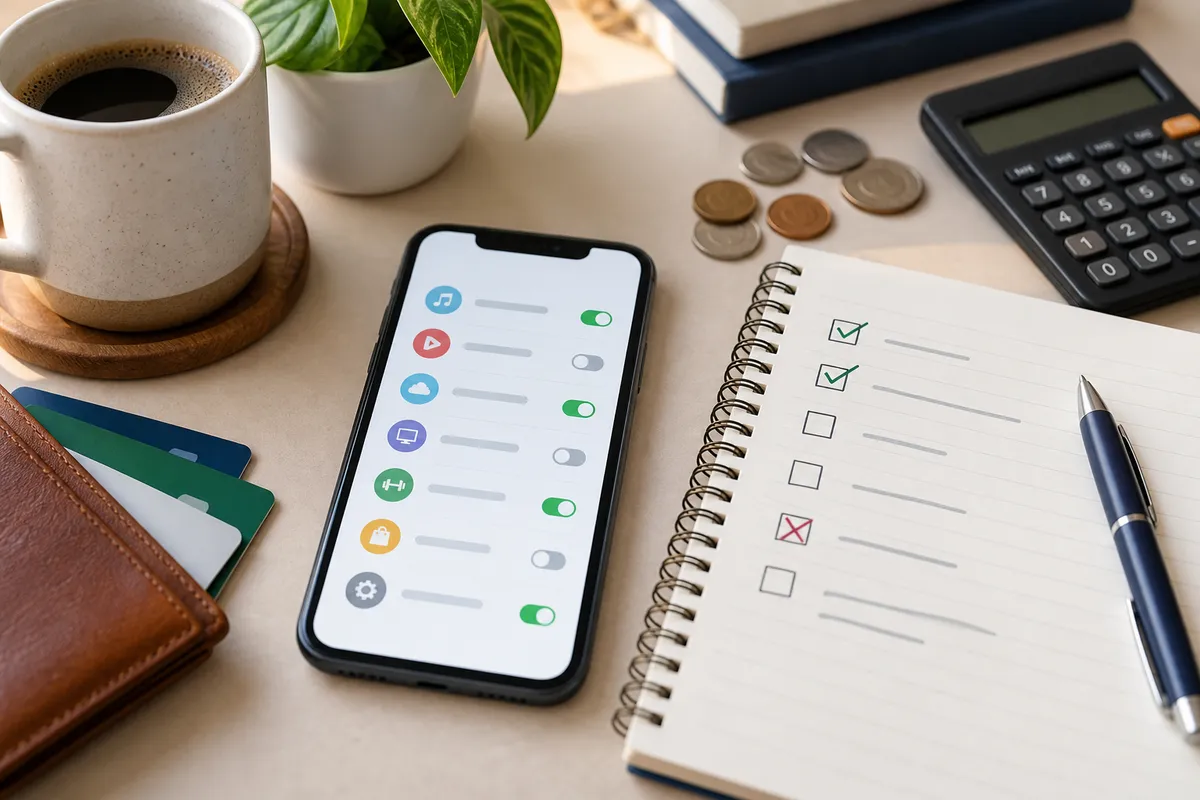 Phone with a recurring-subscription list beside a checklist, calculator, cards, and coins