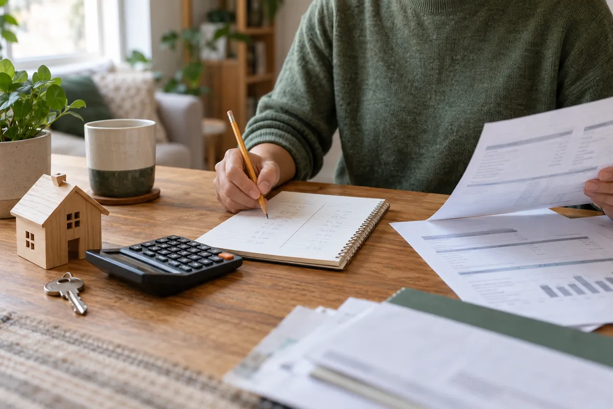 Hands comparing payment paperwork beside a calculator, wooden model home and house key.