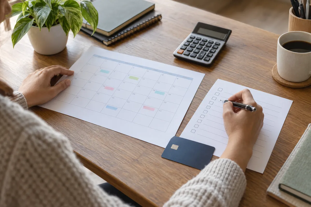 A person organizing a payment calendar and checklist to plan future on-time payments